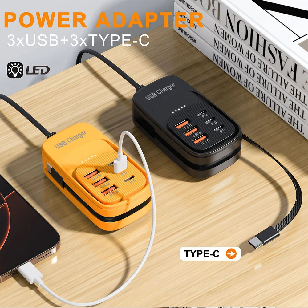 EU/US/UK 6-Ports USB Charging Extension Socket with Type-C Cable 3USB 3PD Power Strip Desktop Charging Station HUB Adapter 5V2A