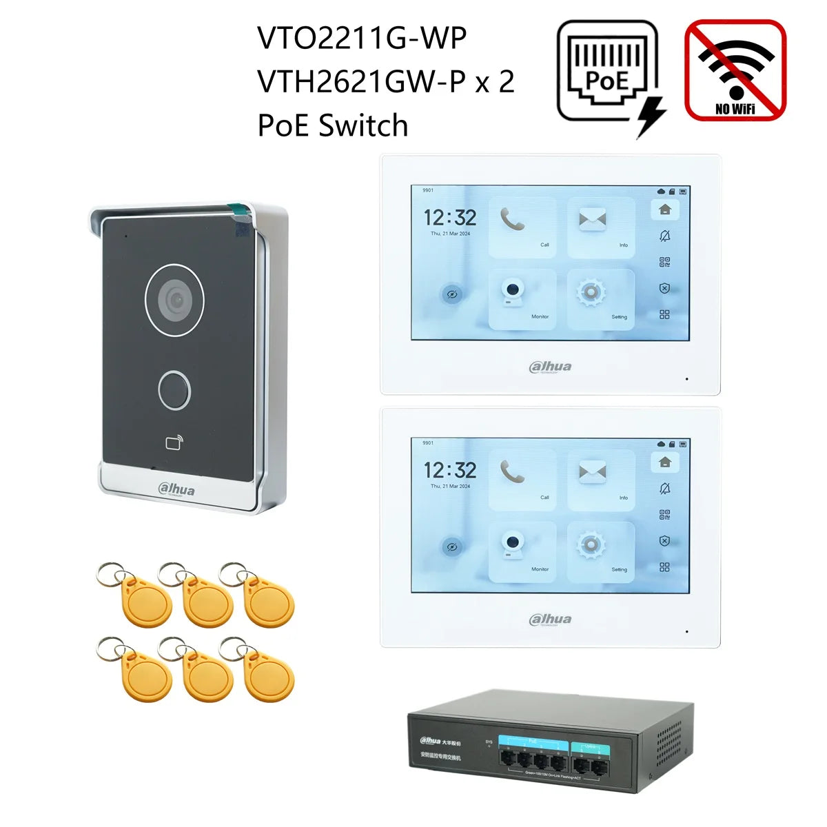 Dahua IP video intercom kit with gray door station, two indoor screens, PoE switch, RFID cards