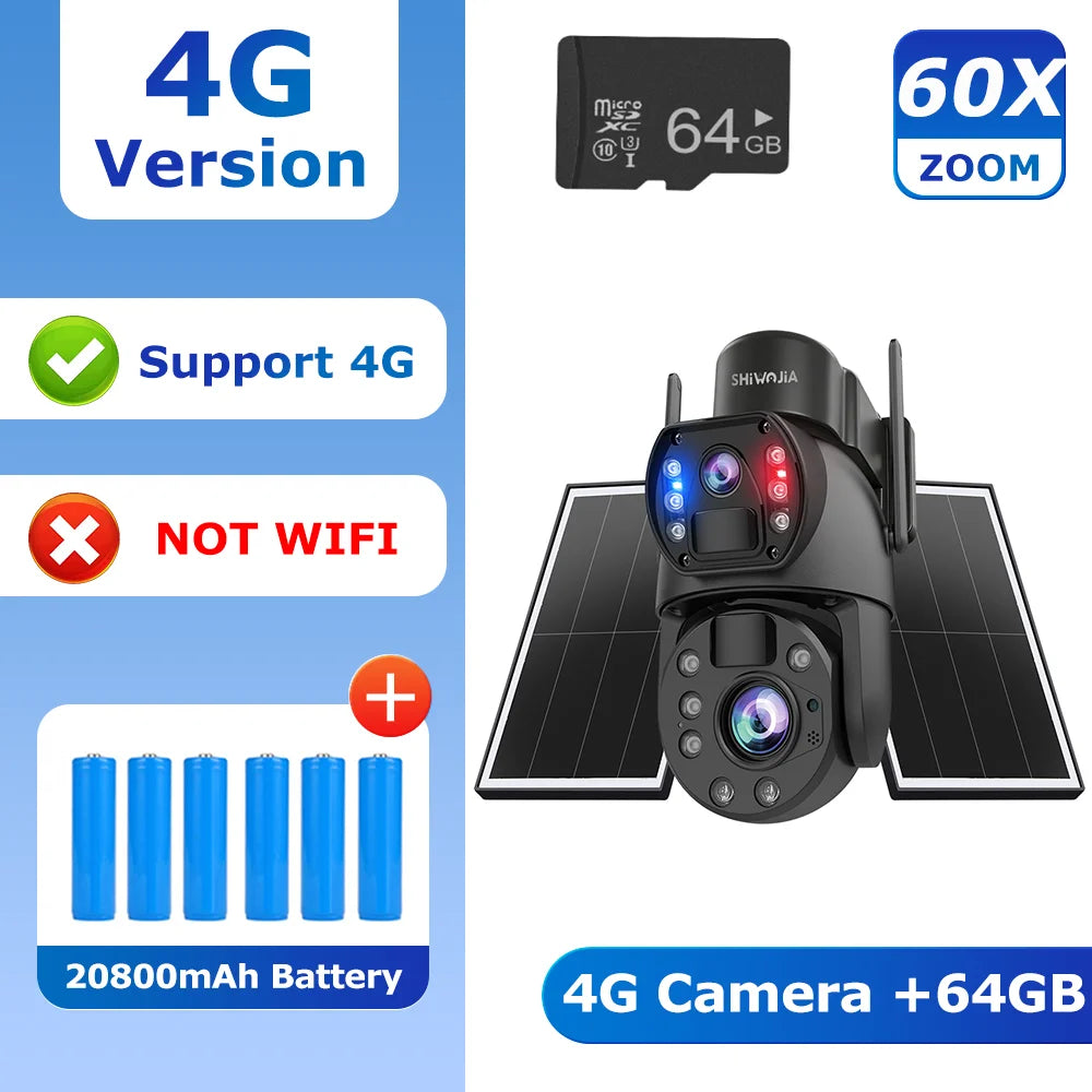 4G outdoor solar security camera with 60x zoom, 64GB microSD card shown