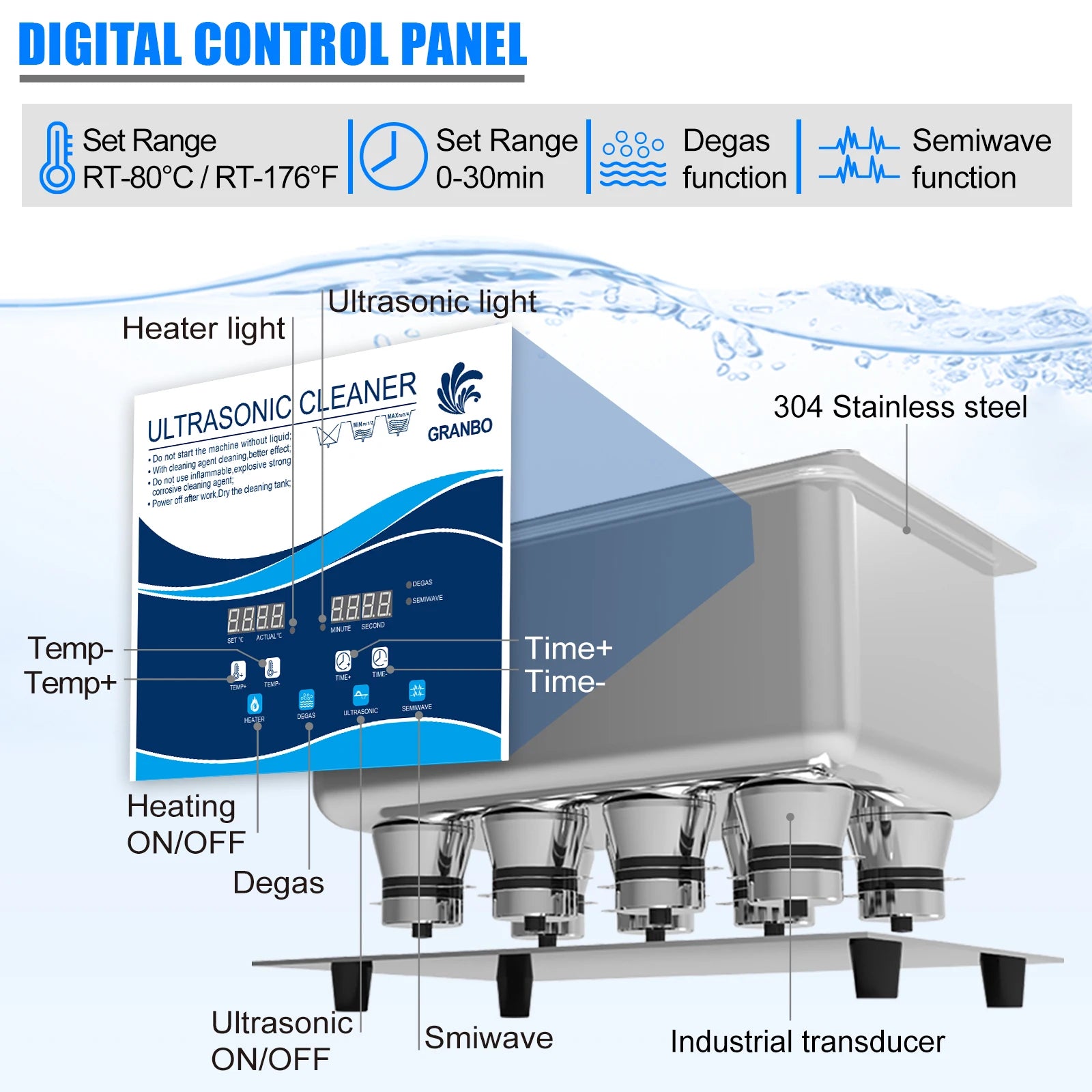 Tidesmit 3.2L 180W ultrasonic cleaner for dental and manicure instruments with digital control panel