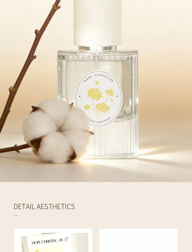 Hope Christine Warm Cotton unisex perfume, square glass bottle, fresh soap scent, long-lasting niche fragrance.