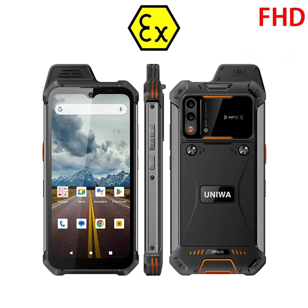 UNIWA W999 black rugged smartphone, ATEX explosion-proof, IP68 rated, PTT, NFC, front, side, and rear views.