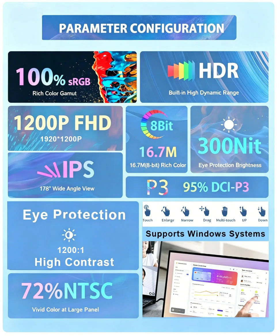 16inch Touch Portable Monitor 1920*1200P FHD IPS Screen 100%sRGB 300Nits HDR Display for Laptop/PC/Phone/Dex/PS4/PS5/SWITCH