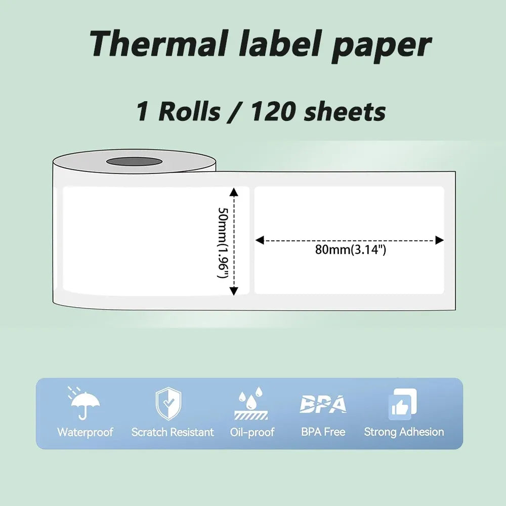 White thermal label paper with 1 roll / 120 sheets and size markings