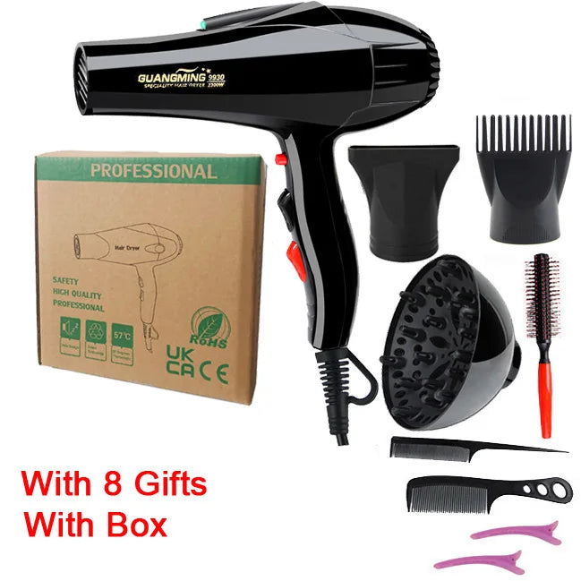 Professional 2100W black hair dryer set with diffuser, nozzle, styling combs, and clips in gift box, EU plug.