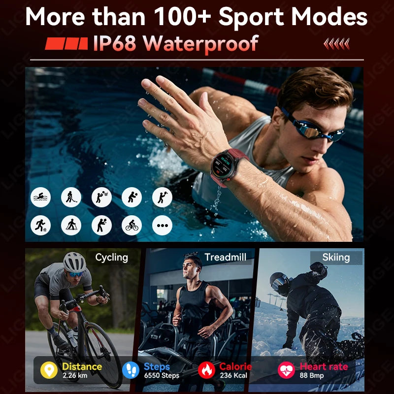LIGE New Global Hiking Smart Watch 1.46''HD Screen 530mAh Battery GPS Path Track Outdoor Sport Fitness Waterproof Smartwatch Men
