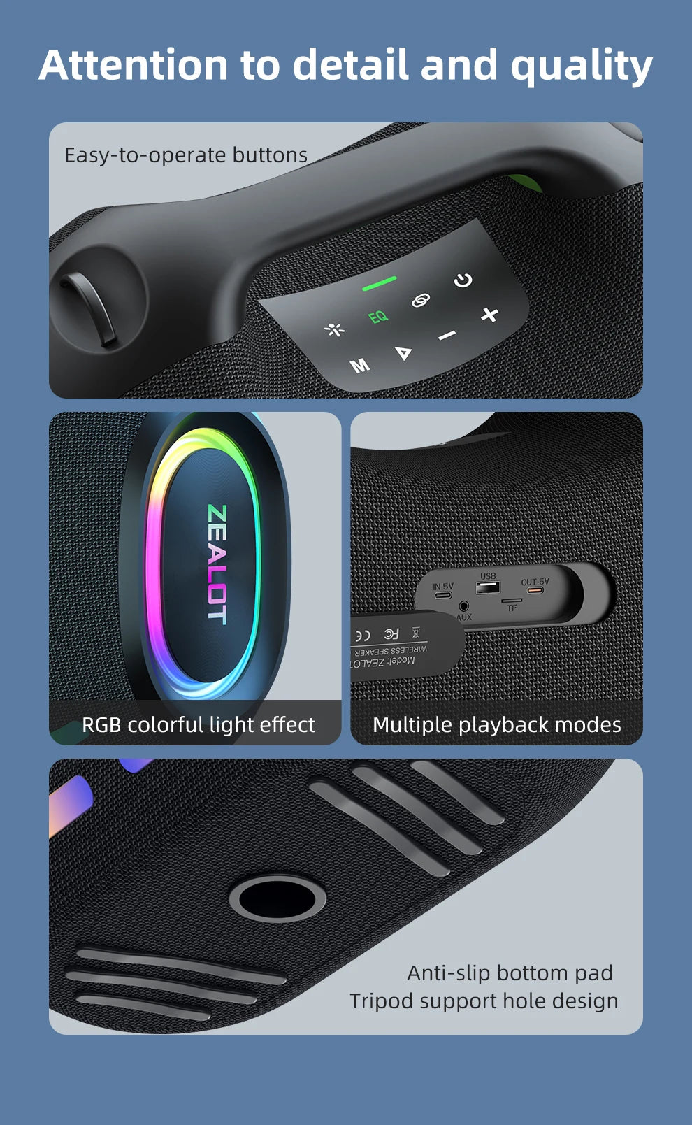ZEALOT-ZE21 400W Big Power Wireless Bluetooth Peaker Outdoor Portable 48000mAh Long Battery With RGB Color Lights TWS Subwoofer High Volume Waterproof Bluetooth Speaker