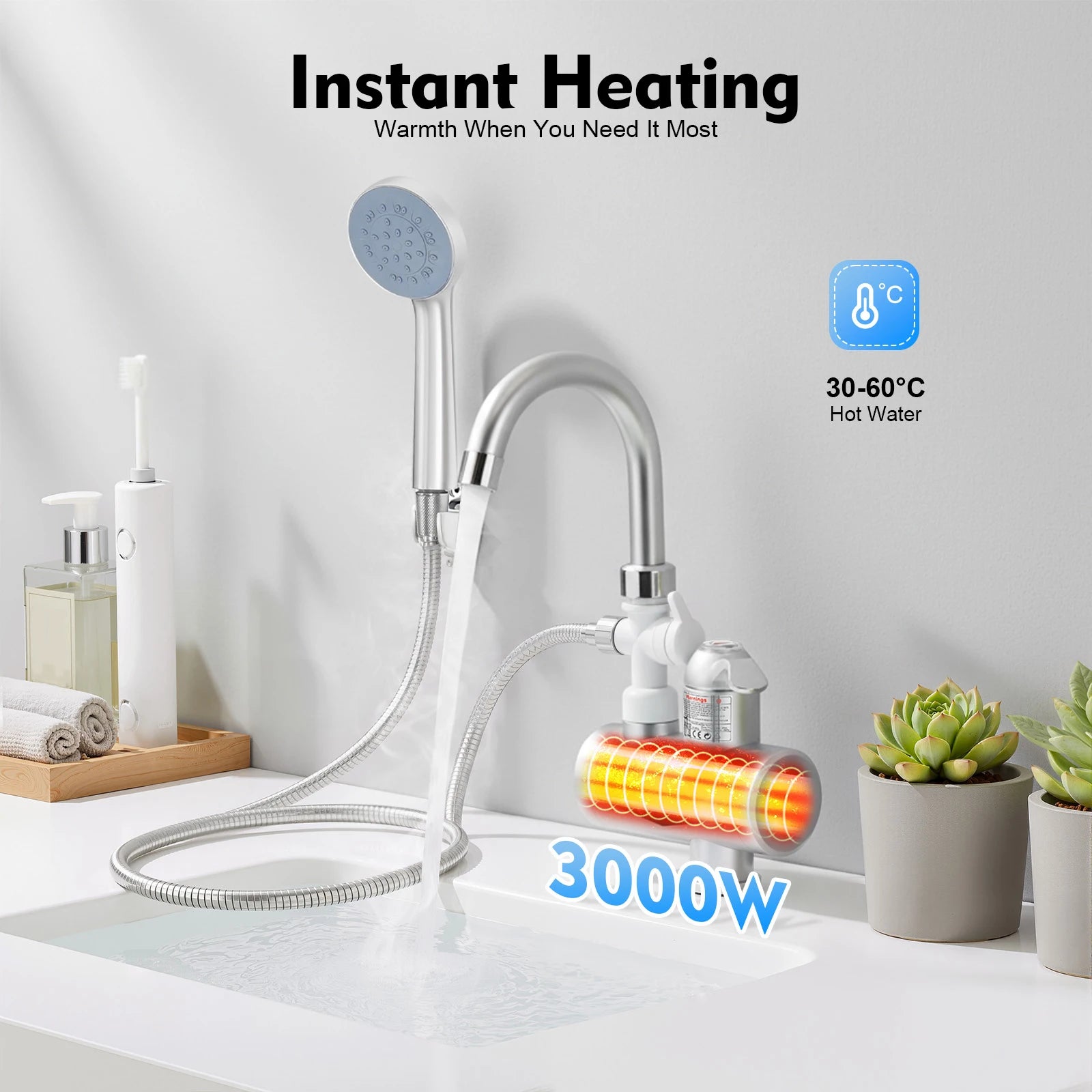 3000W Electric Hot Water Faucet, 360° Rotatable Instant Water Heater with LCD Display, Tankless Electric Tap with 3-Mode Heating for Kitchen, Bathroom, RV (IPX4 Waterproof)