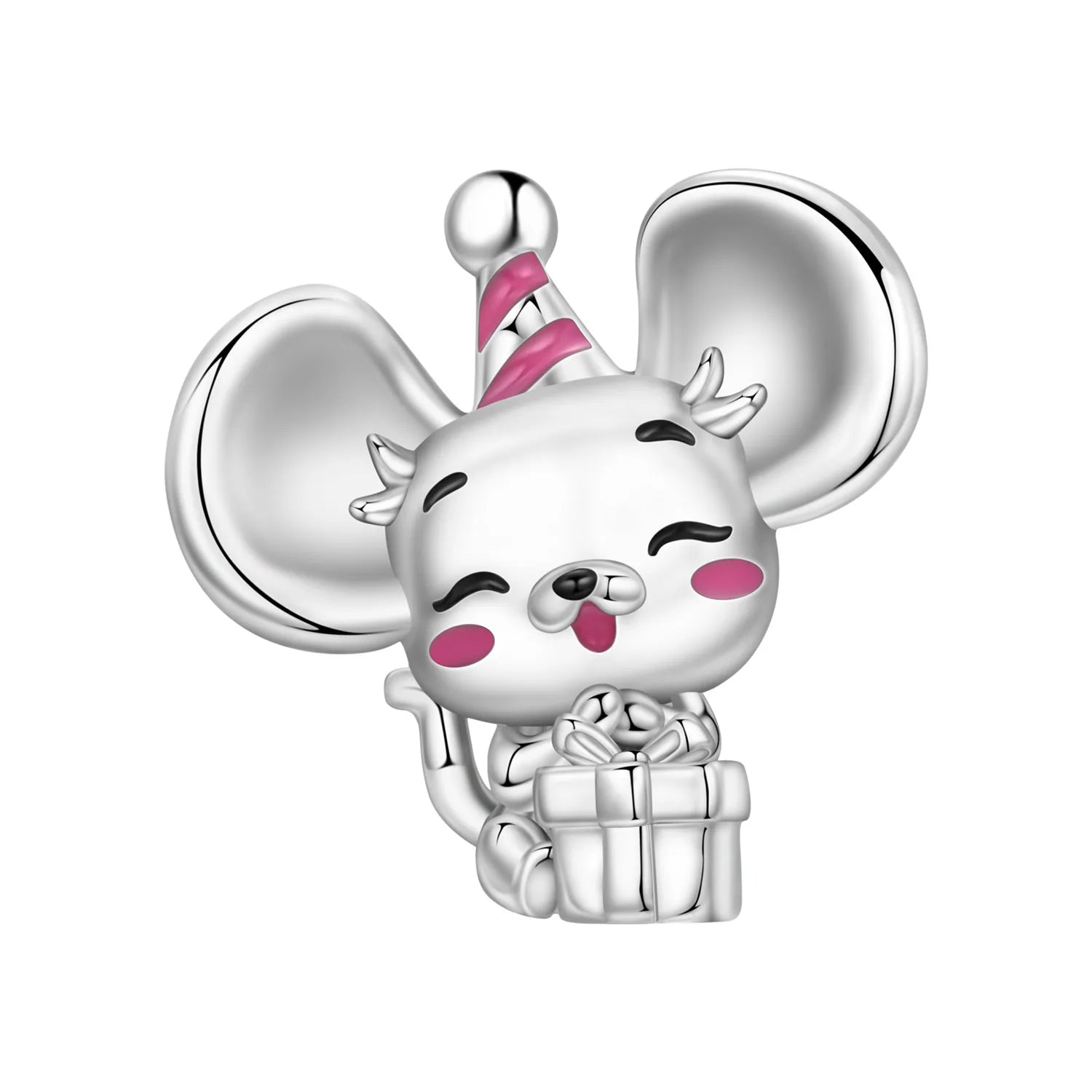 Cute 925 sterling silver mouse pet charm with birthday hat and gift, perfect for trendy DIY bracelet jewelry gifts.