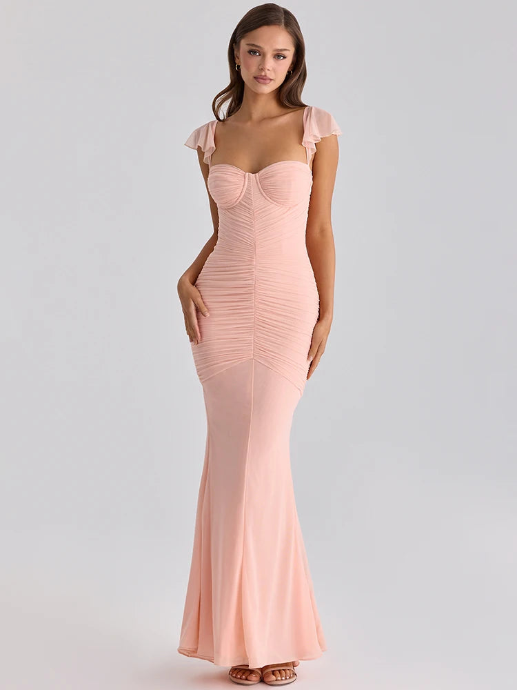 Mozision Sweetheart Neck Sexy Mermaid Maxi Dress Women Elegant Ruffle Sleeves Bodycon Evening Club Party Long Dress Female Gown
