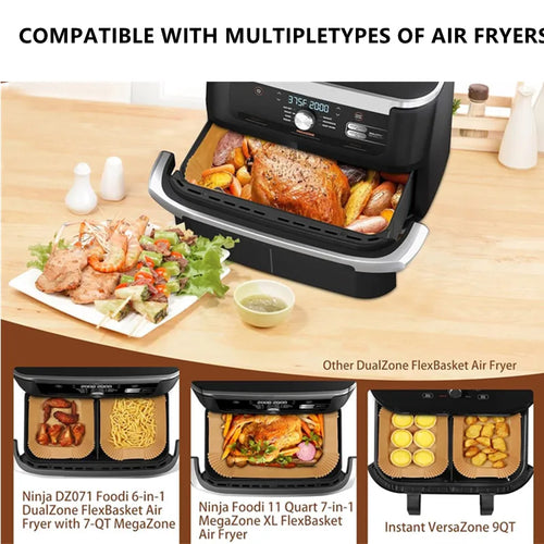 Air fryer paper liners placed in air fryer basket with food on tan rectangular mats