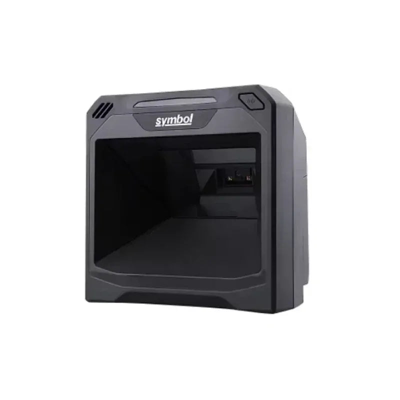 Gray handheld-style 2D barcode laser scanner body with front window and symbol