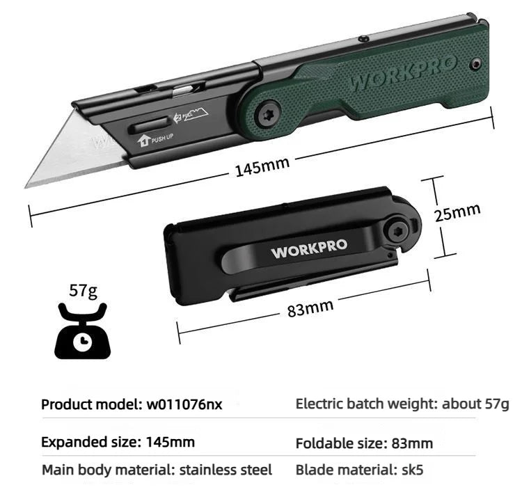 Workpro Folding Utility Knife Stainless Steel Quick Realse Pocket Knife with Belt Clip Sharp 10 blades Purpose DIY Cutting Tools