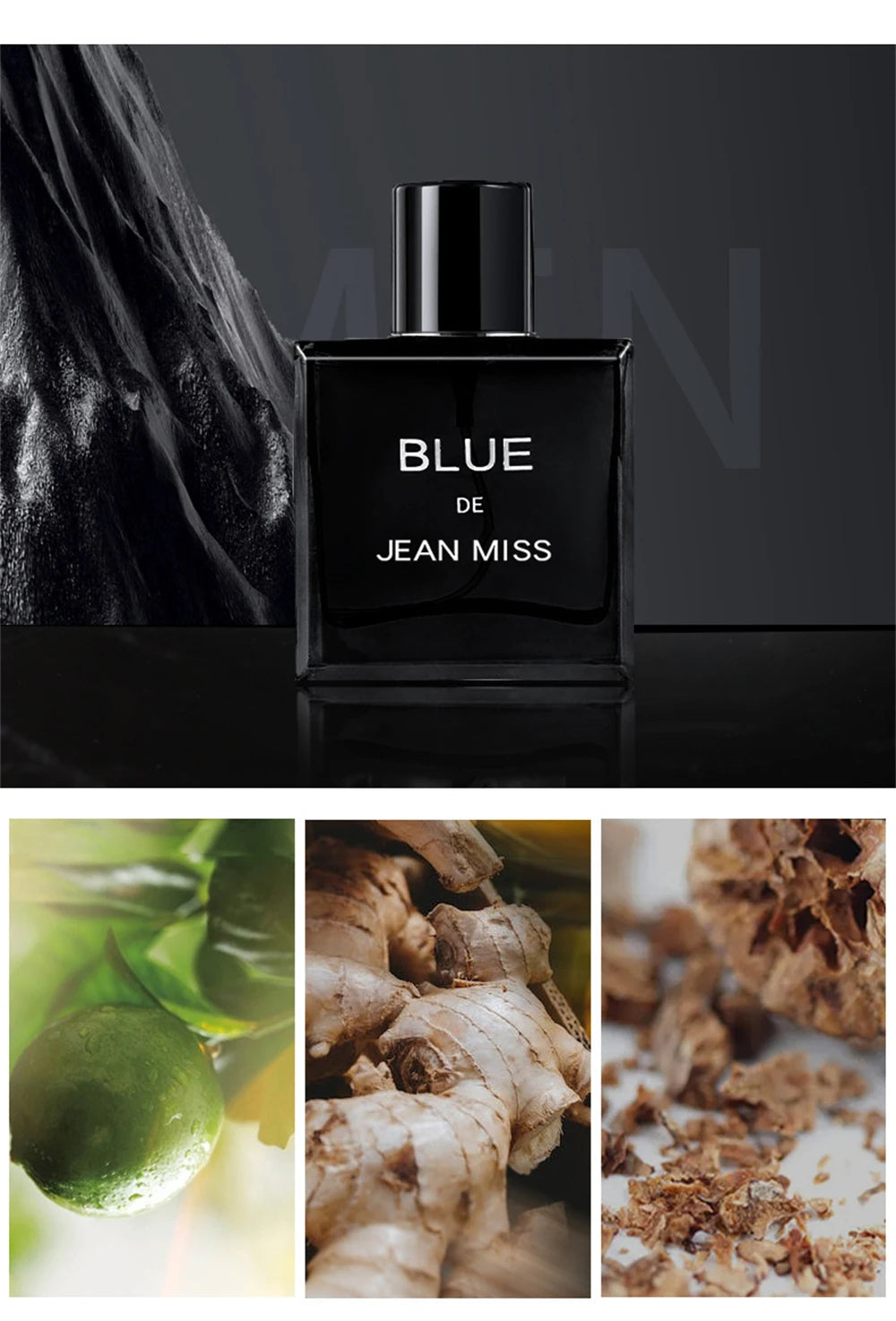 Jean Miss Blue men's perfume 90ml, square black bottle. Woody citrus ginger notes. Long-lasting luxury cologne gift set.