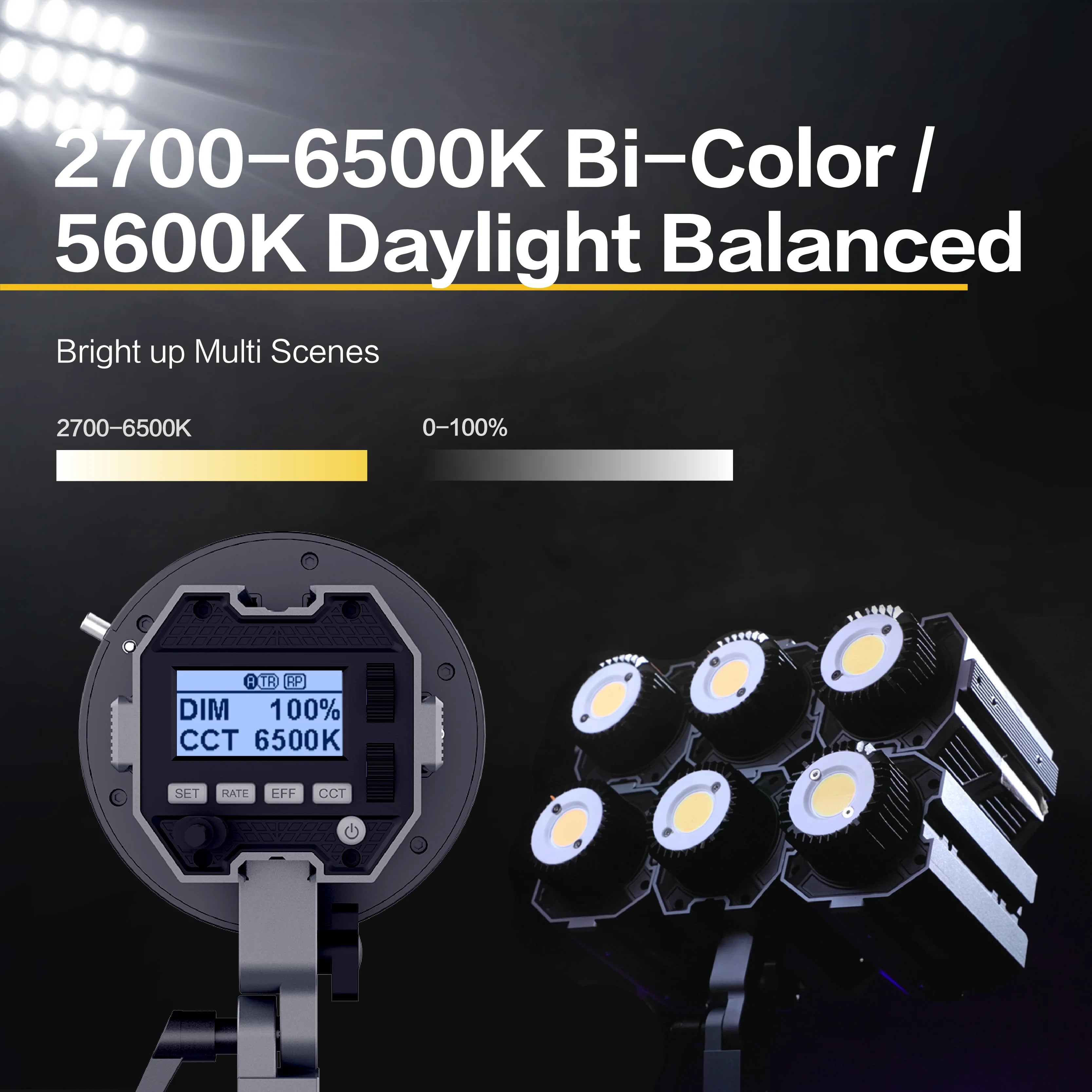 Bi-color LED video light with six circular bulbs, rear LCD display, and adjustable brightness and color temperature.