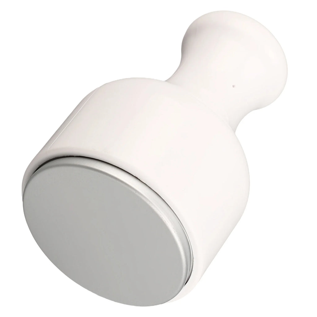 White handheld ice facial roller with a smooth, round silver cooling surface for skin massage.