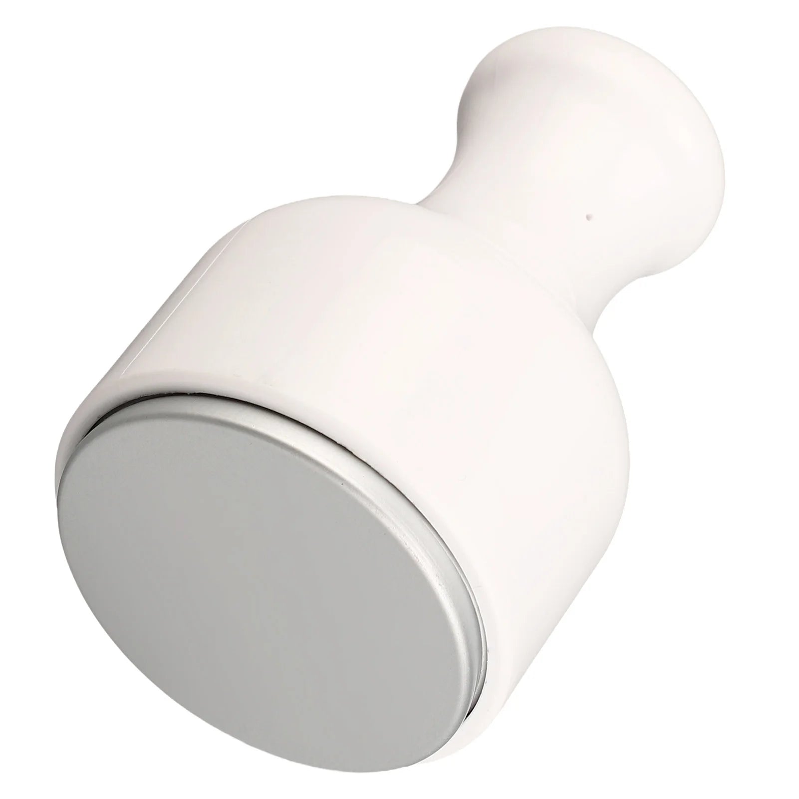 White handheld ice facial roller with a smooth, round silver cooling surface for skin massage.