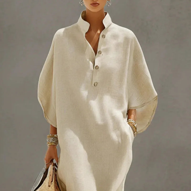 Summer Holiday Bohemian Long Dress Women's Sexy Stand Collar Button Elegant Party Dresses Spring Batwing Sleeve Loose Maxi Dress