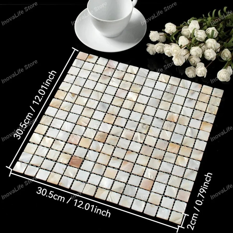 Mother-of-pearl mosaic tile sheet with square chip grid pattern, 30x30cm size
