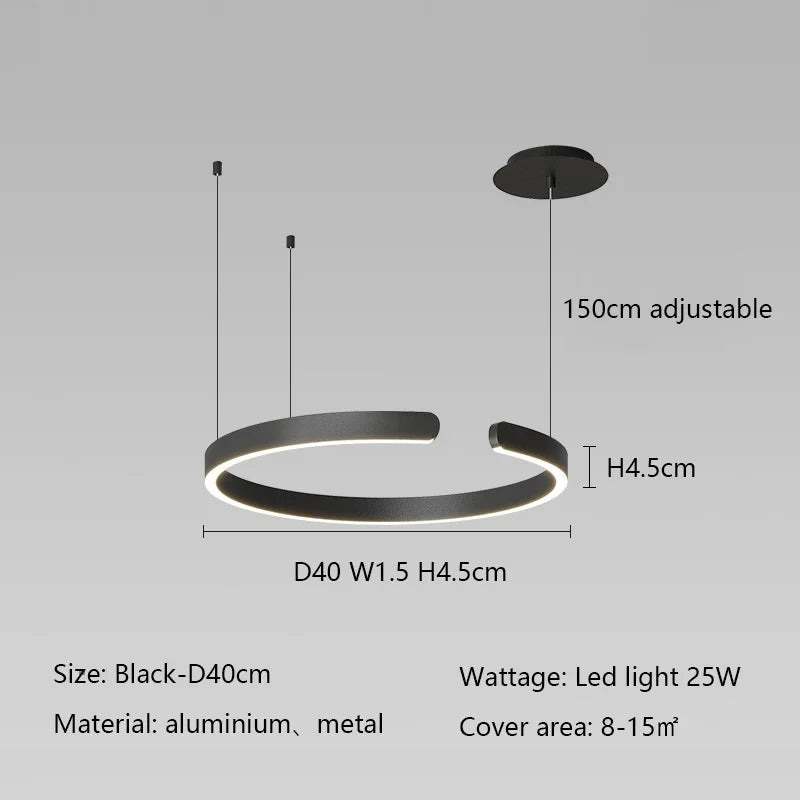 Modern LED Ring Ceiling Chandelier 60cm Black - Minimalist Decor B-black D40cm Tidesmit