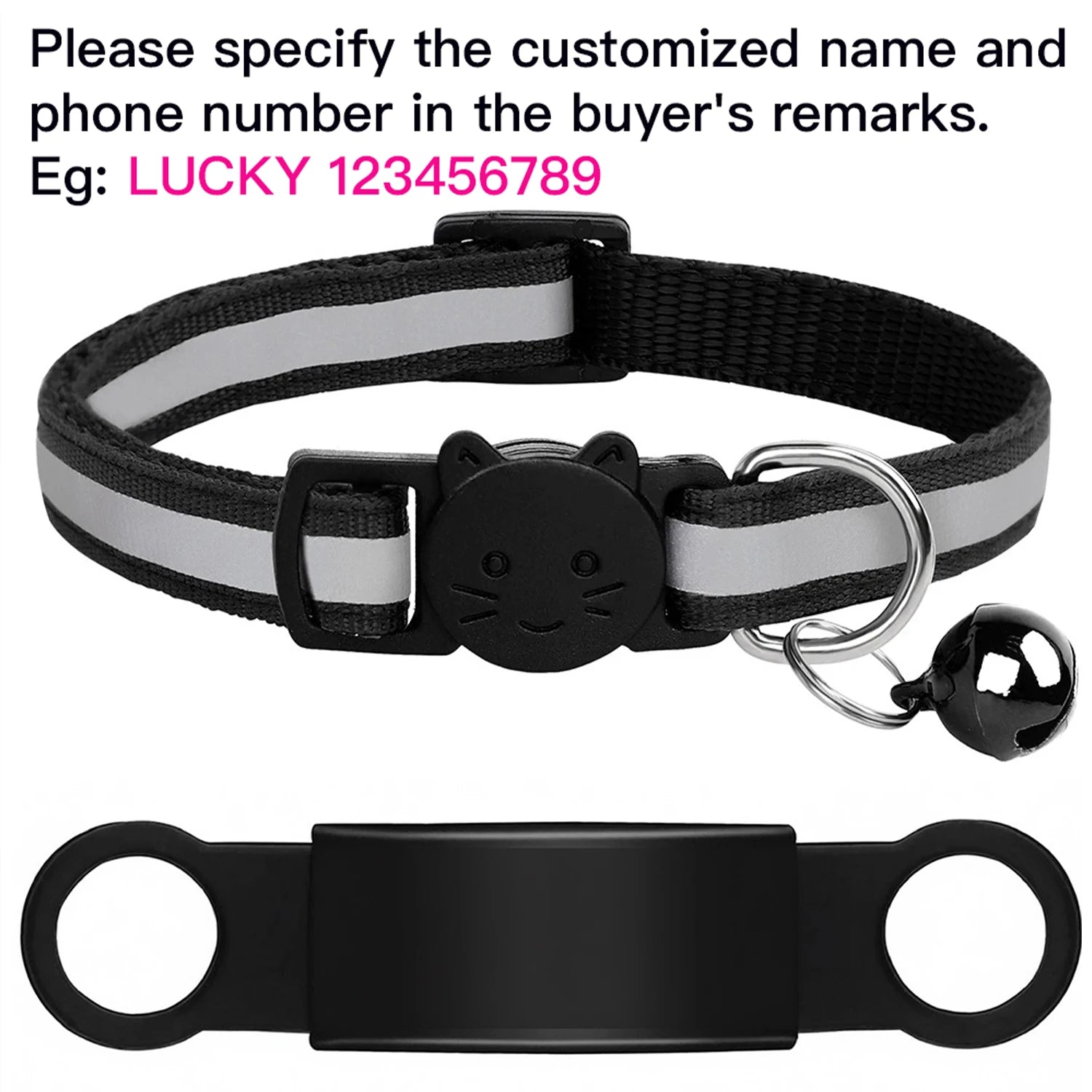 Customized reflective black cat and puppy collar with ID nameplate, safety bell, and anti-lost engraved buckle.
