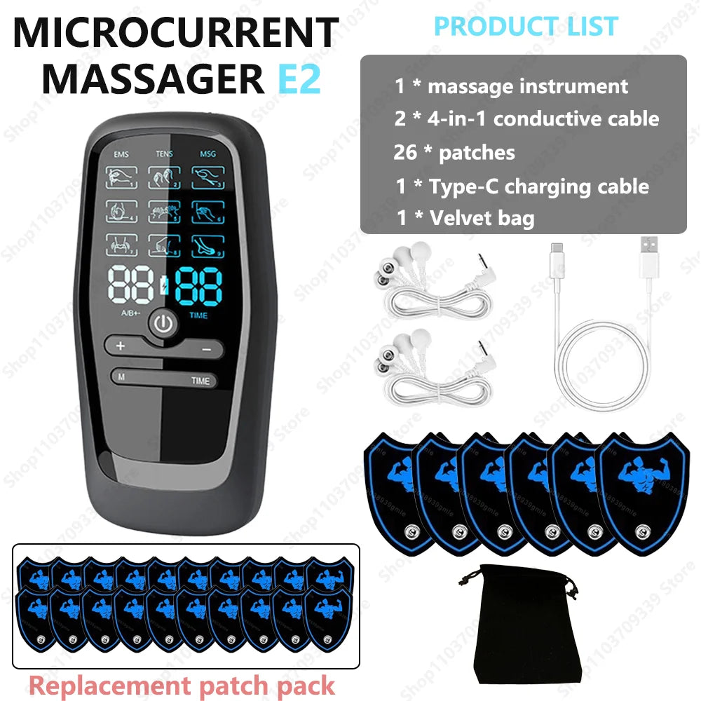 Black digital microcurrent body massager with control screen, conductive cables, charging cord, and adhesive patches.