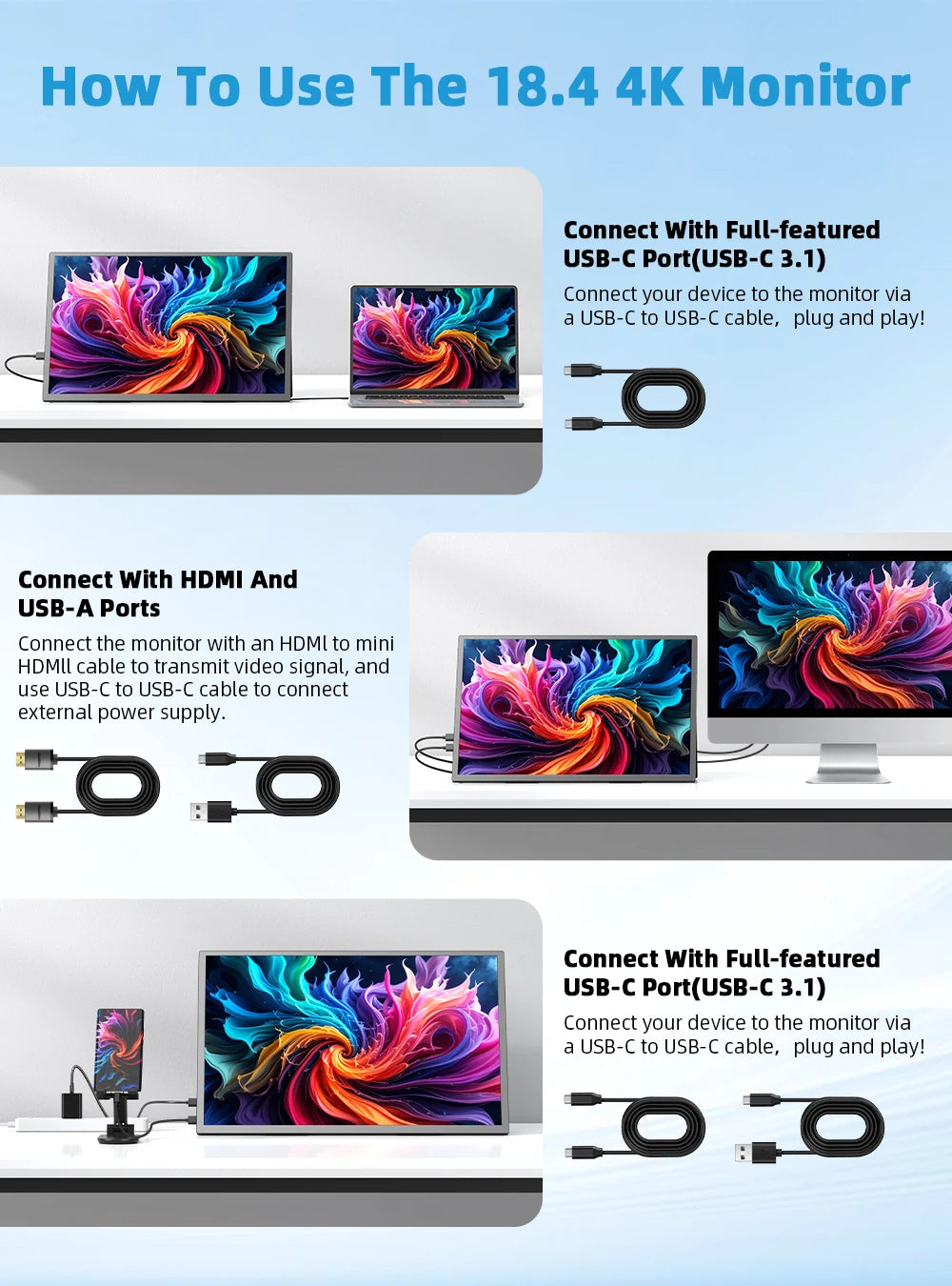 UPERFECT 18.4"4K QLED Portable Gaming Monitor Display 3840*2160 HDR USB C HDMI For PS5/4 Switch Laptop PC Mac Xbox Extend Screen