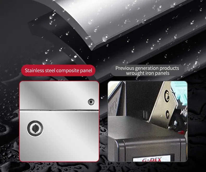 Inkjet printer with stainless steel composite panel and side view of front unit