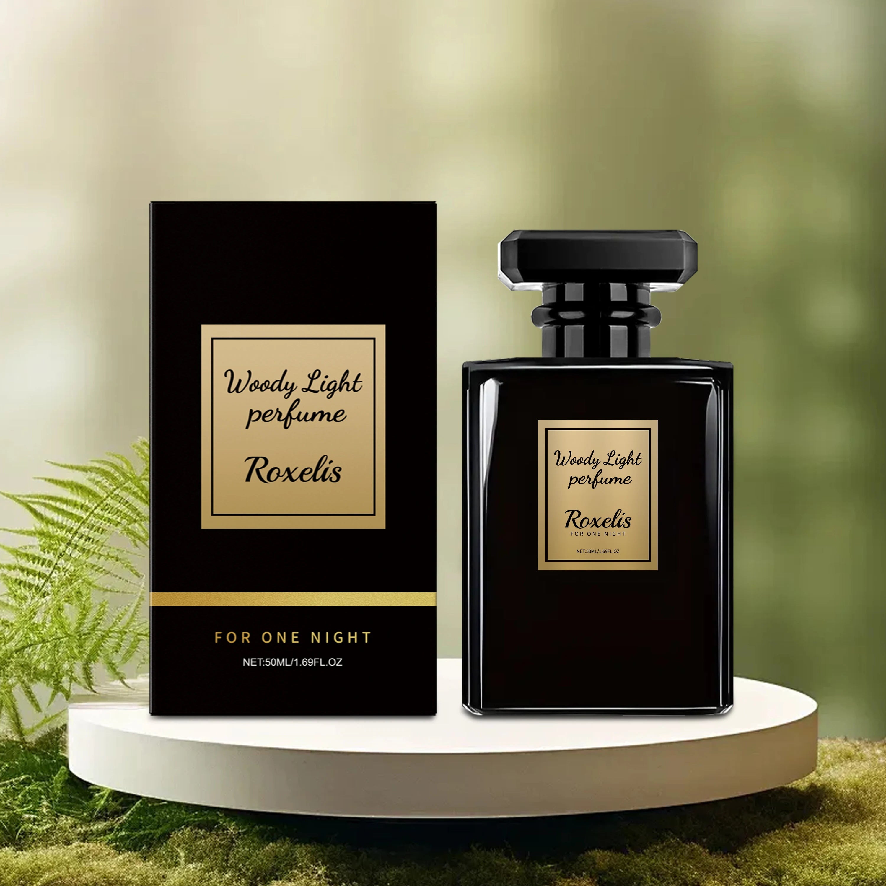 Roxelis Woody Light cologne for men in a sleek black rectangular glass bottle with an elegant, long-lasting woody scent.