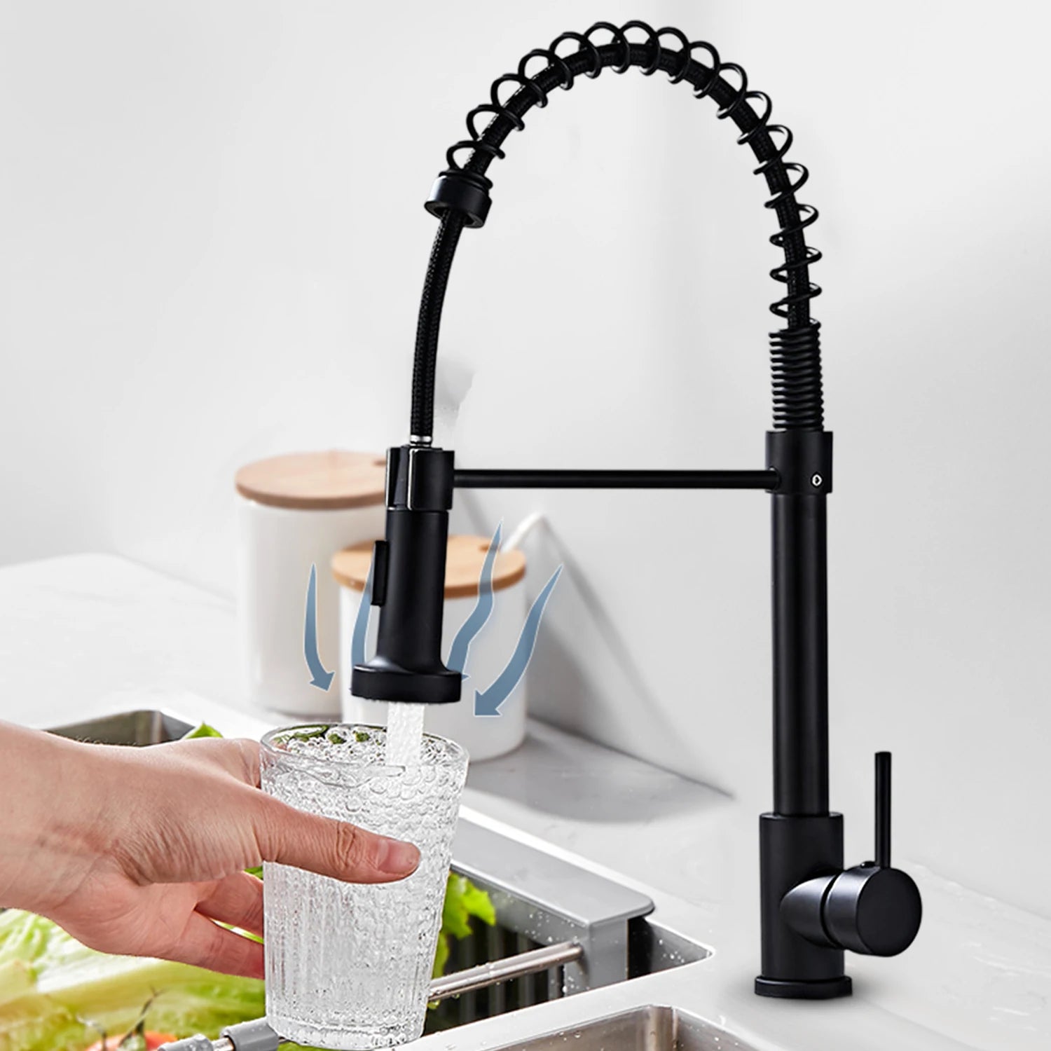 Kitchen Faucets Pull Out Sink Water Tap with Ceramic Valve Hot & Cold Water Different Water Flow Modes Deck Mounted 360° Rotation Fit for Two Sinks