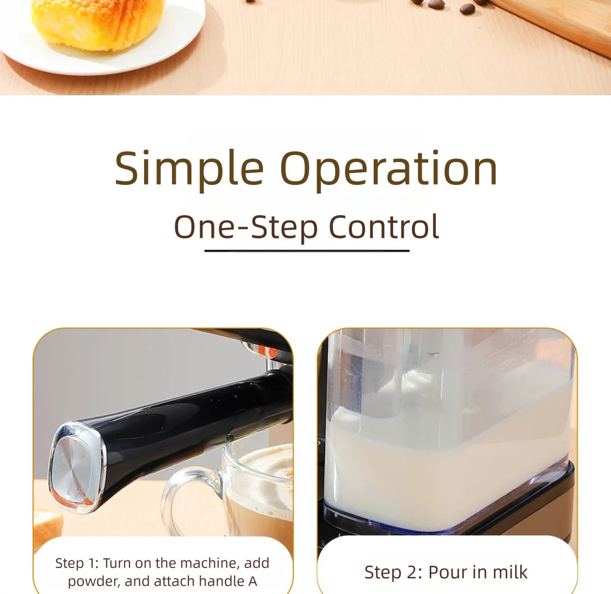 Black espresso coffee machine with detachable portafilter handle and milk reservoir for simple one-step operation.
