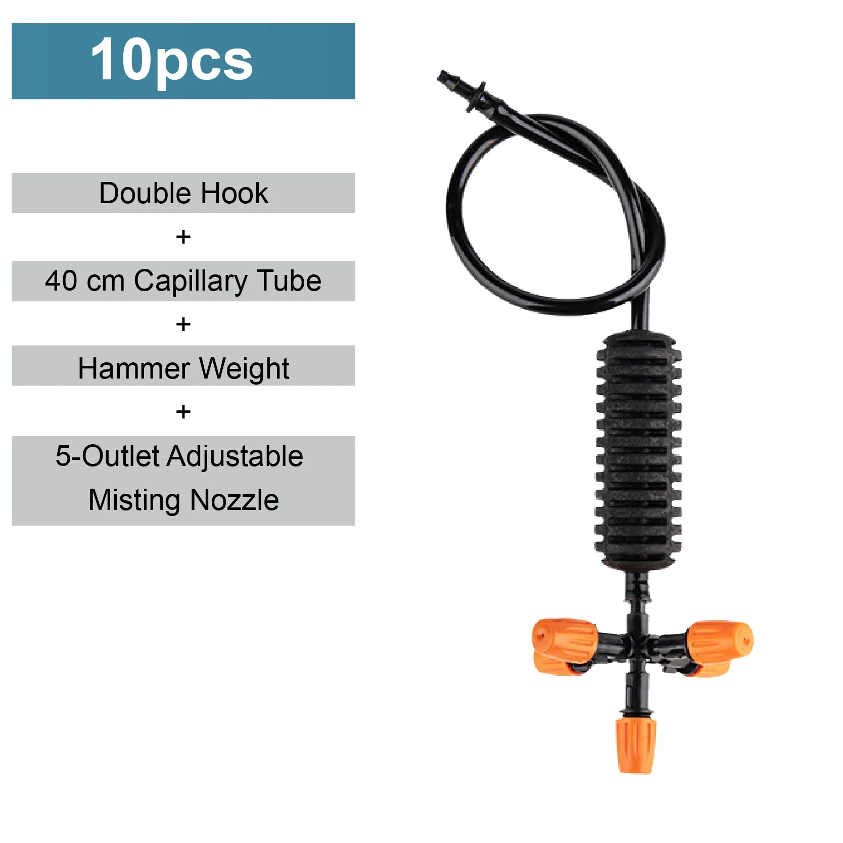 Hanging mist sprayer nozzle with 5 adjustable outlets, black tube and orange valve head