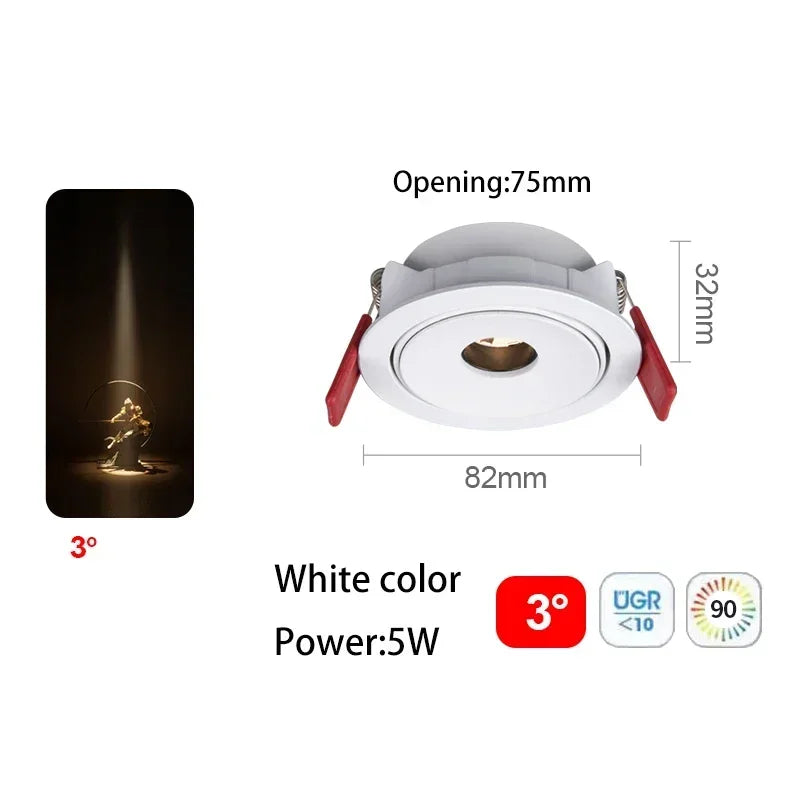 White recessed LED spot light, 5W, 3° beam angle, opening 75mm, 32mm depth