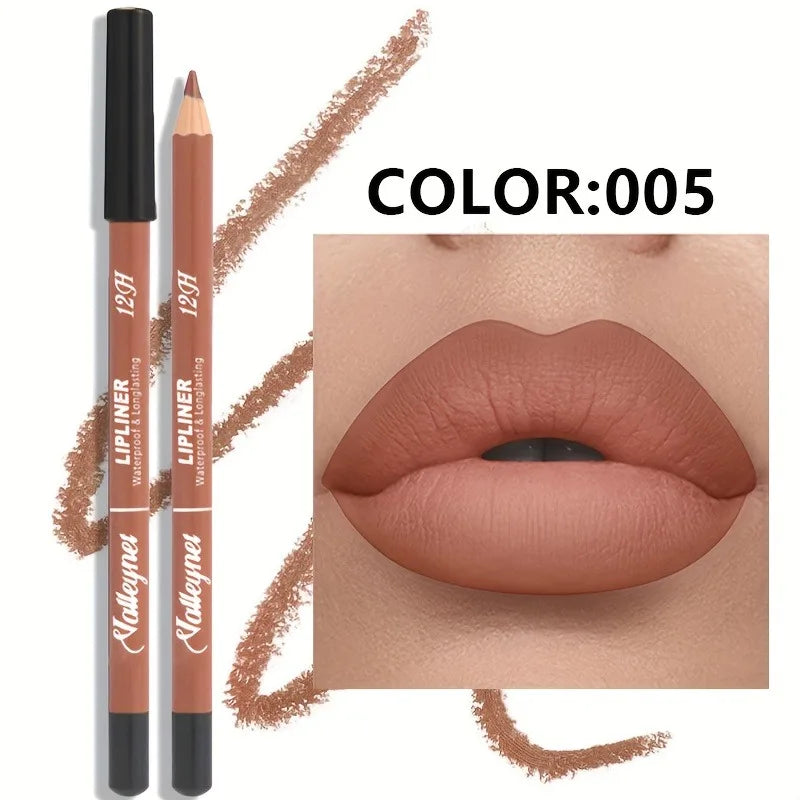 Long-lasting waterproof lip liner pencil in shade 005 with a soft, velvet matte finish shown on lips.