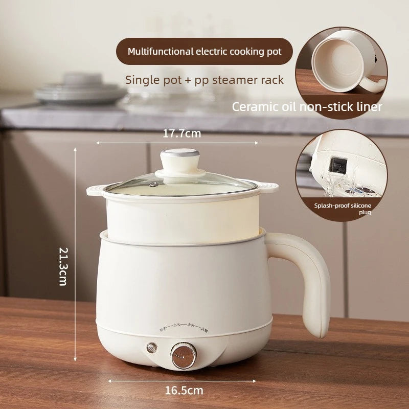 White electric multi cooker with glass lid, side handle, and display of silicone plug