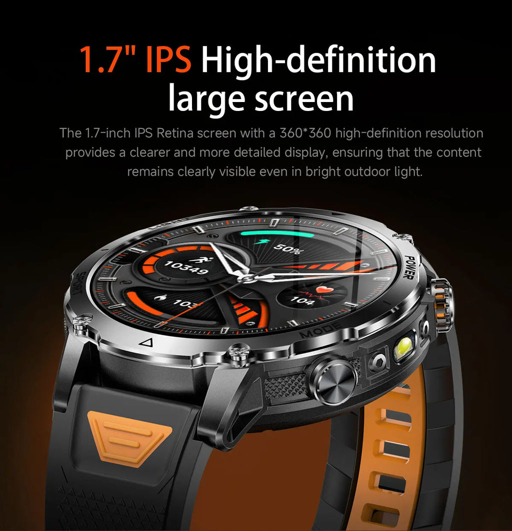 New Military ULtra 1400mAh Huge Battery SmartWatch Two Flashlight 10ATMan Waterproof HD Call 1.73“ 100+Sports Smart watch Man