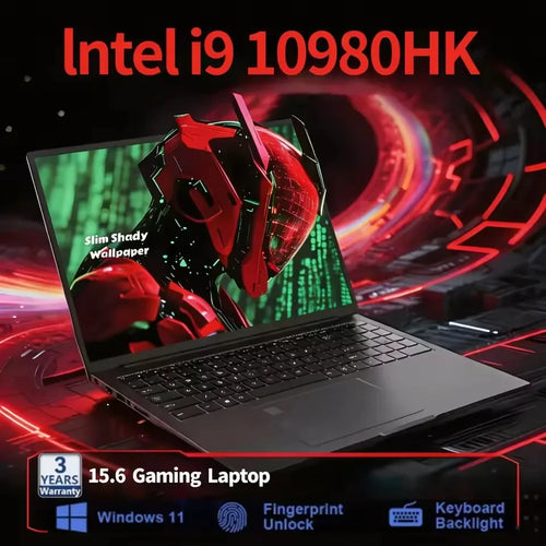 Sleek black 15.6-inch laptop with thin bezels, backlit keyboard, and integrated fingerprint sensor.
