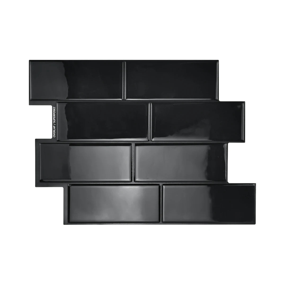 Black glossy subway tile peel-and-stick sheet with alternating rectangular pieces