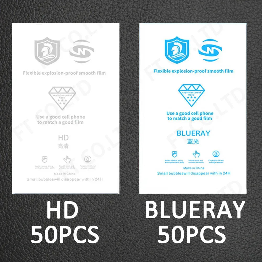 HD privacy and BlueRay anti-blue hydrogel film sheets, 50-packs shown in separate sleeves