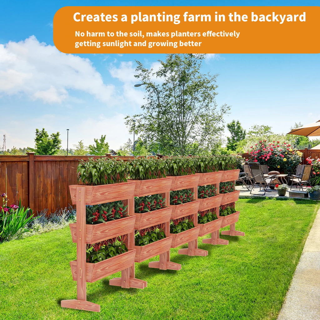 4-tier raised wooden planter box, reddish brown, outdoors with planted flower troughs