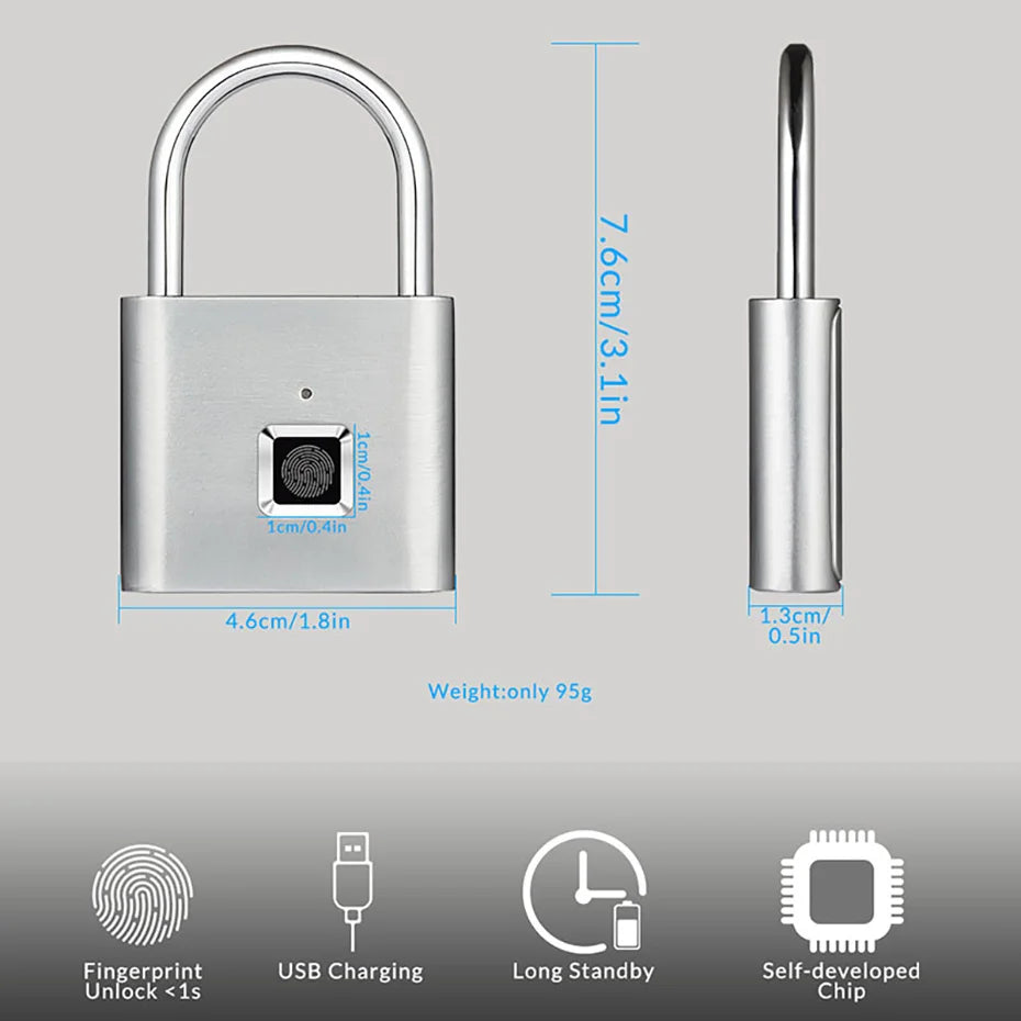 KERUI Fingerprint Lock Keyless USB Charging Smart Padlock Anti-theft Zinc Waterproof Door Lock 0.2sec Unlock Portable Door Lock