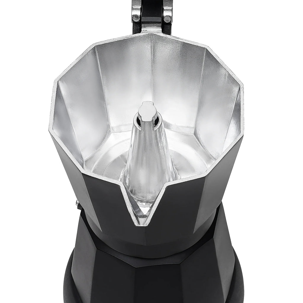 Open interior of a black and silver aluminum Bialetti style moka pot coffee maker.