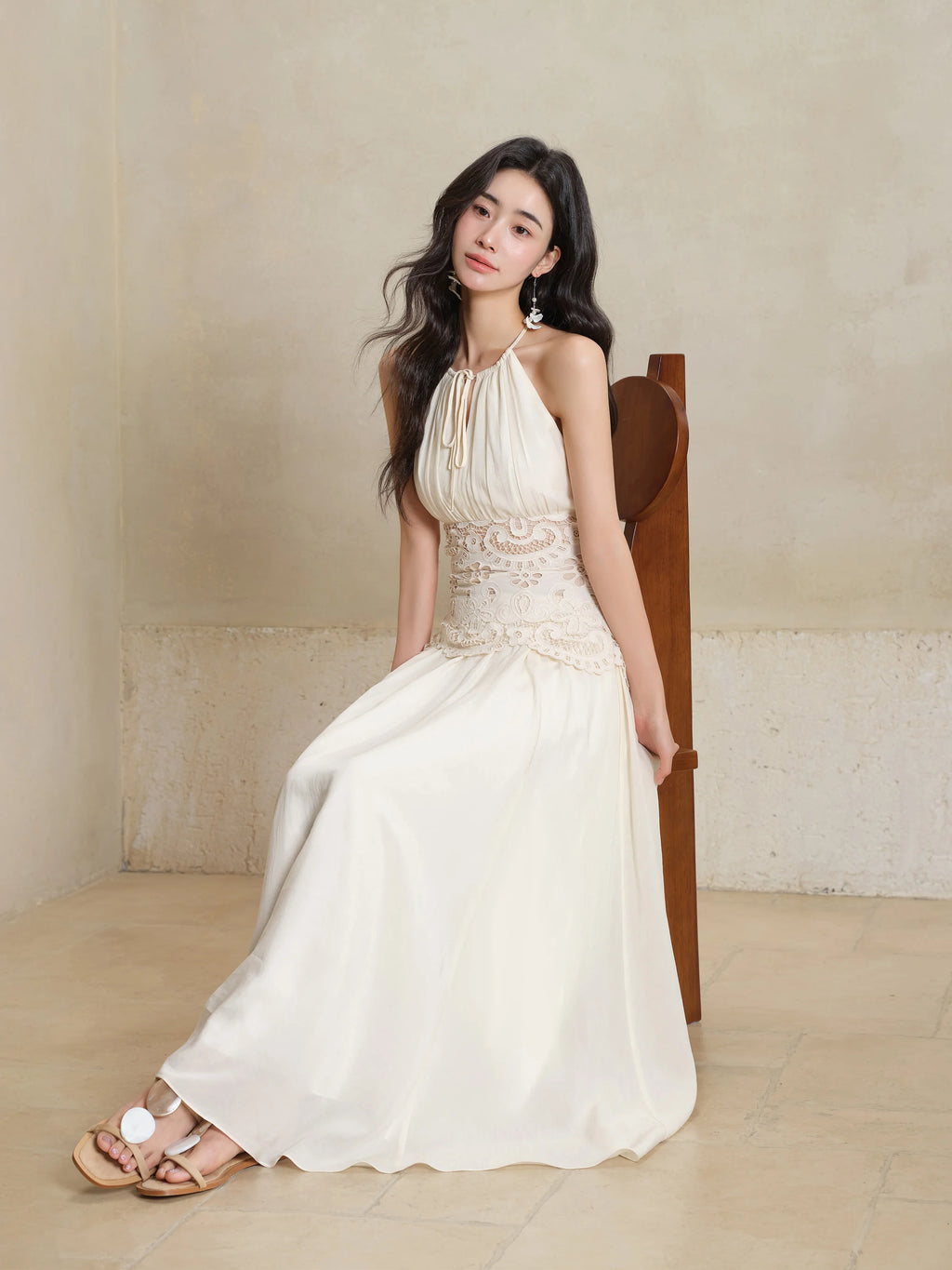 Lace Halter Maxi Dress Women Summer A-Line Slim Fit French Style Elegant Long Dress Hollow Out Sleeveless Fake Two-Piece Outfit