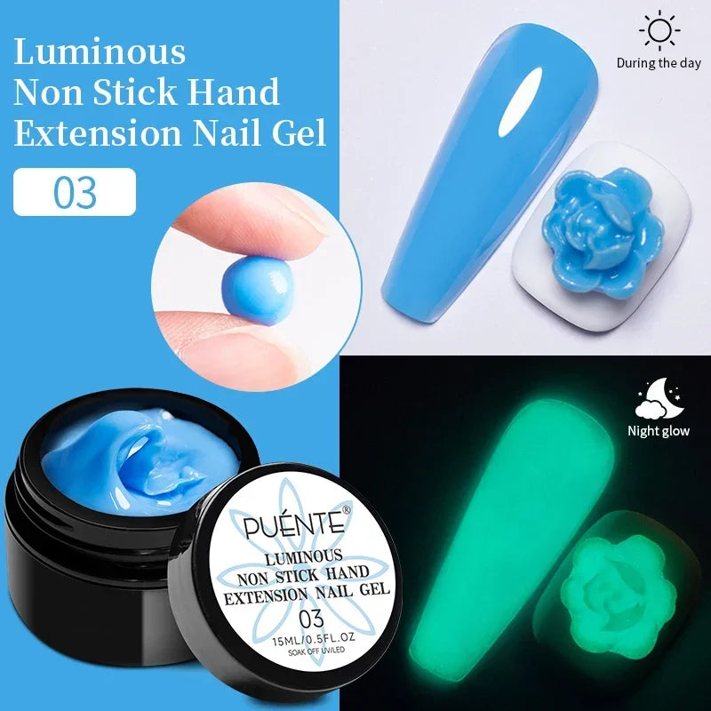 Blue luminous nail extension gel in a 15ml jar, shown as putty and sculpted nail art that glows green in the dark.