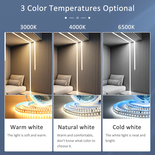 LED strip set showing warm white, natural white, and cold white light color options