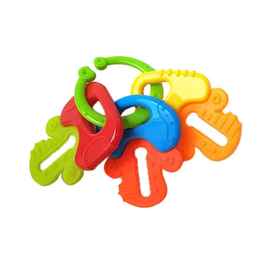 Multi-colored silicone baby teething toy ring set for soothing infant gums.