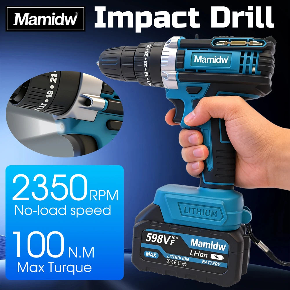 Mamidw 10mm Cordless Electric Drill 100N.m Electric Screwdriver Three Functions Impact Drill For Makita 18V Battery