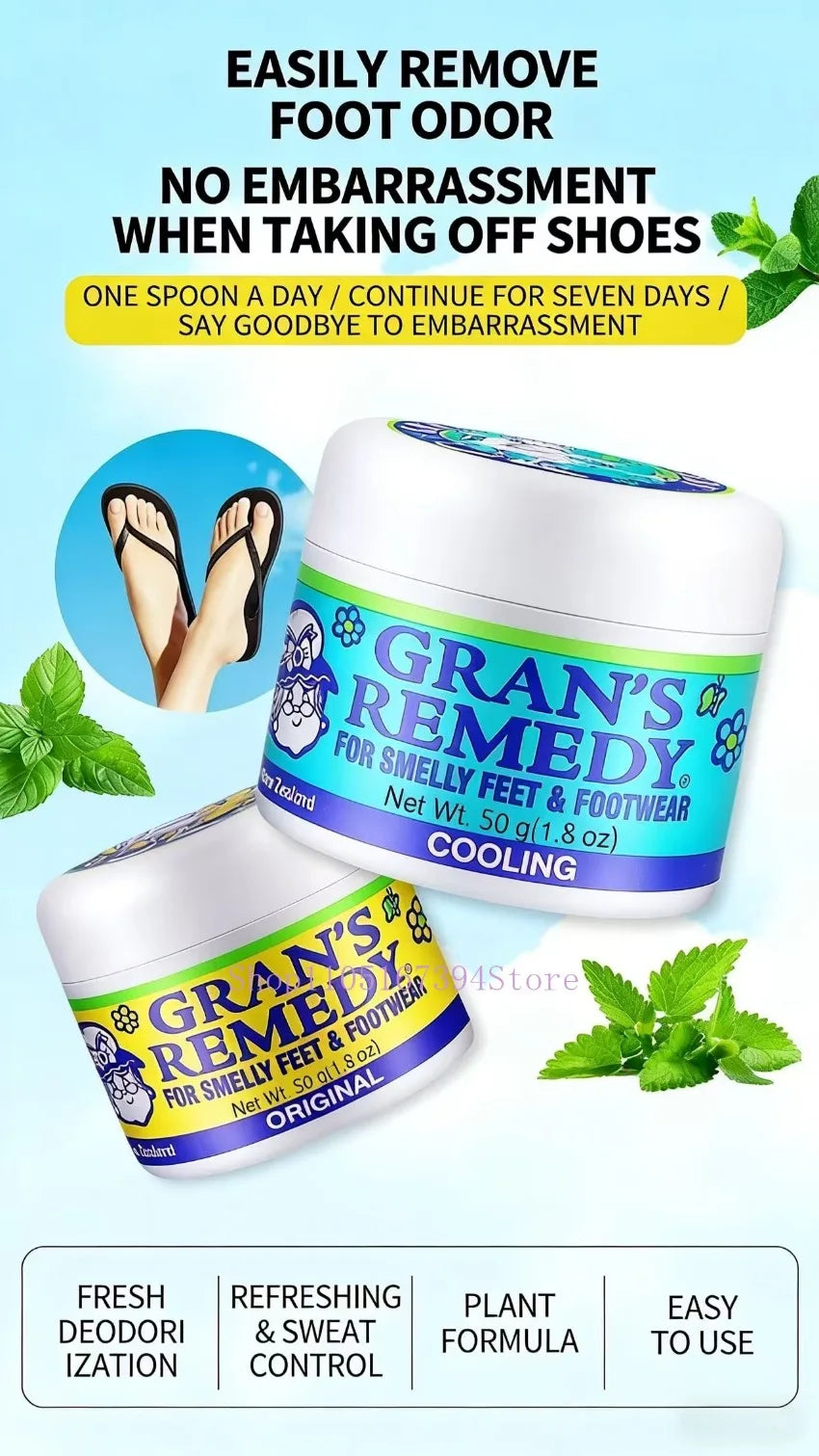 Two Gran’s Remedy foot powder jars, Cooling and Original, in blue and yellow packaging for shoe odor elimination.