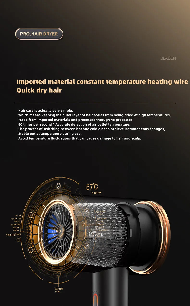2400W high-speed ionic hair dryer in black and gold with constant temperature tech for salon-quality hair care.