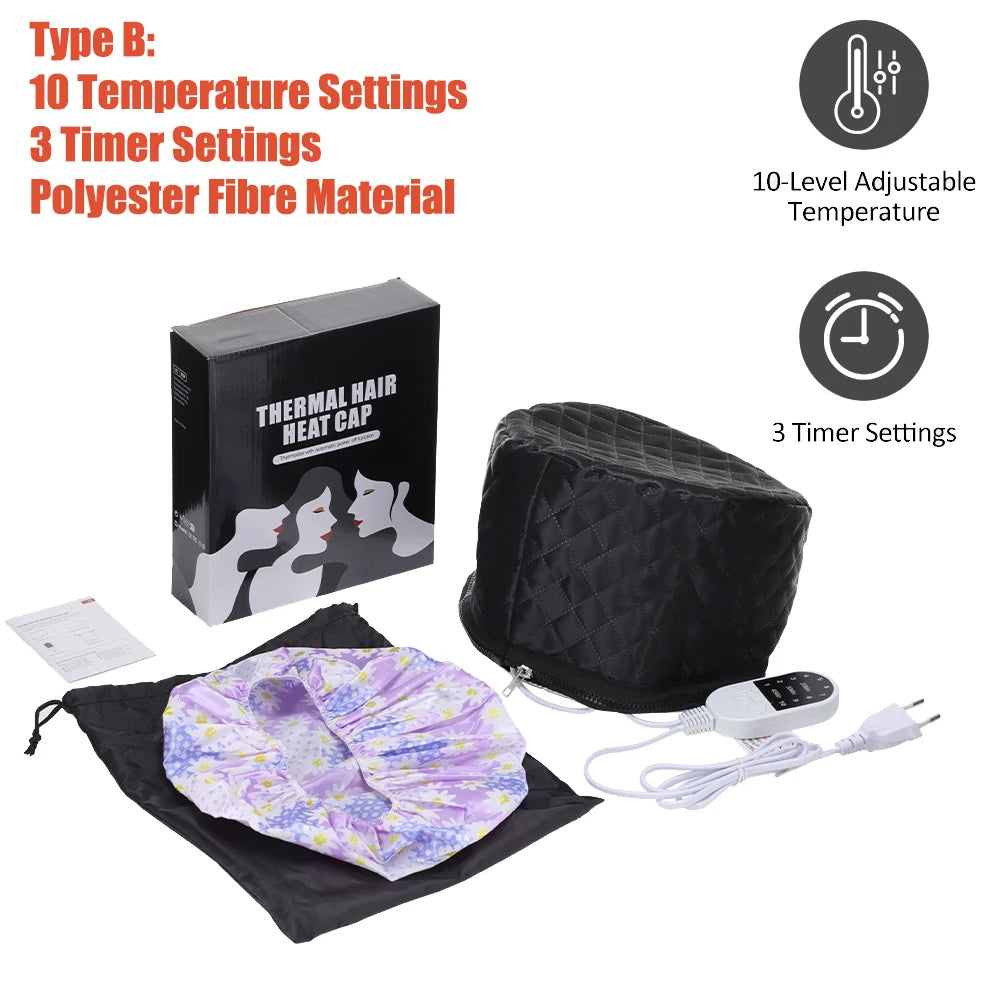 Black quilted electric hair steamer cap with 10-level heat, 3-timer remote, floral inner cap, and storage bag.